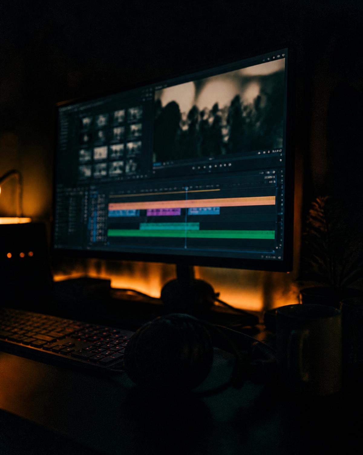 Dark editing suite lit by warm ambient light, timeline on screen